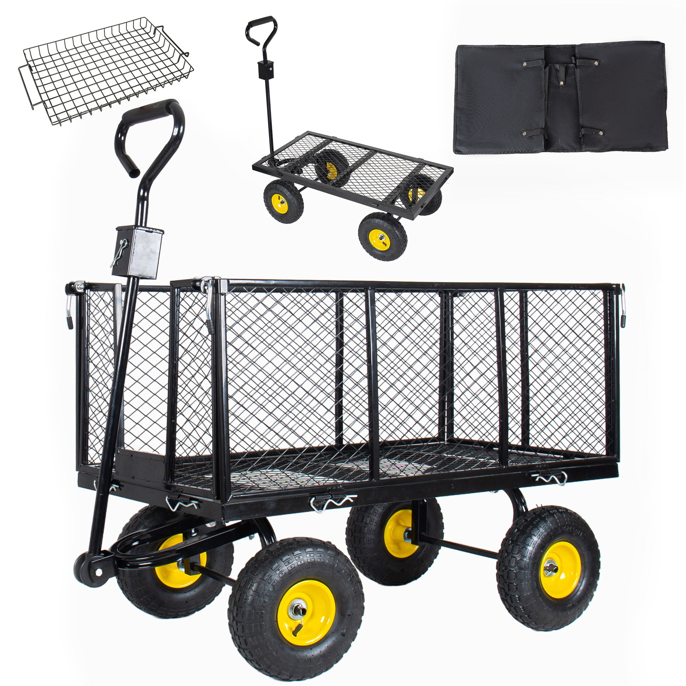 Steel Garden Cart, 3-in-1 Oversized 880 lbs Mesh Metal Pullable Cart with Removable Liner for Lawn Garden Backyard, Black