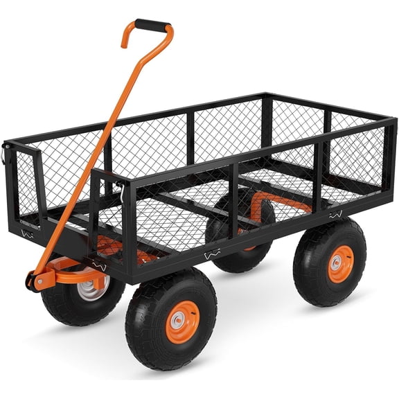 Steel Garden Cart, 500 Lbs Heavy-Duty Wagon Cart on Wheels, Metal Yard Utility Wagon Carts with 180° Rotating Handle, 13 Inch All-Terrain Tires, Removable Mesh Side Panels, for Outdoor