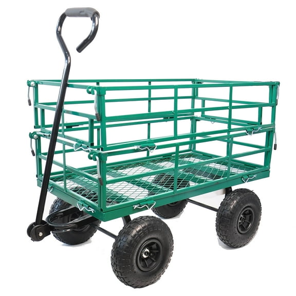 Steel Garden Cart Flatbed with Removable Sides, 550LBS Heavy Duty Yard Cart with 180° Rotating Handle and 10 Inch Tires, 10 Cu.ft Capacity, Foldable Metal Wagon for Garden, Farm, Yard, Green