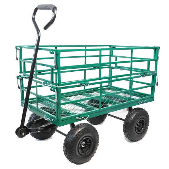 Steel Garden Cart Flatbed with Removable Sides, 550LBS Heavy Duty Yard Cart with 180° Rotating Handle and 10 Inch Tires, 10 Cu.ft Capacity, Foldable Metal Wagon for Garden, Farm, Yard, Green