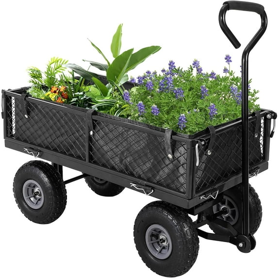 Steel Garden Cart Folding Utility Wagon with Removable Cart Liner, 500lbs Load Capacity, for Garden Farm