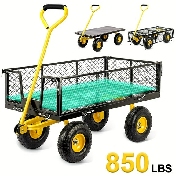 Steel Garden Cart, Outdoor Courtyard Multifunctional Cart, 2-in-1 Heavy-duty 850 Pound Multi-purpose Vehicle With Detachable Mesh Sides, Used For Lawns, Gardens, Camping, And Farms