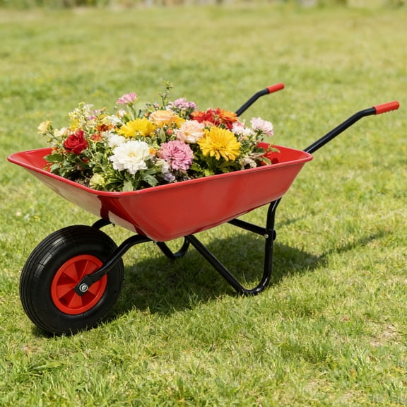 Steel Garden Wheelbarrow with 12 Inch Pneumatic Wheel, Red