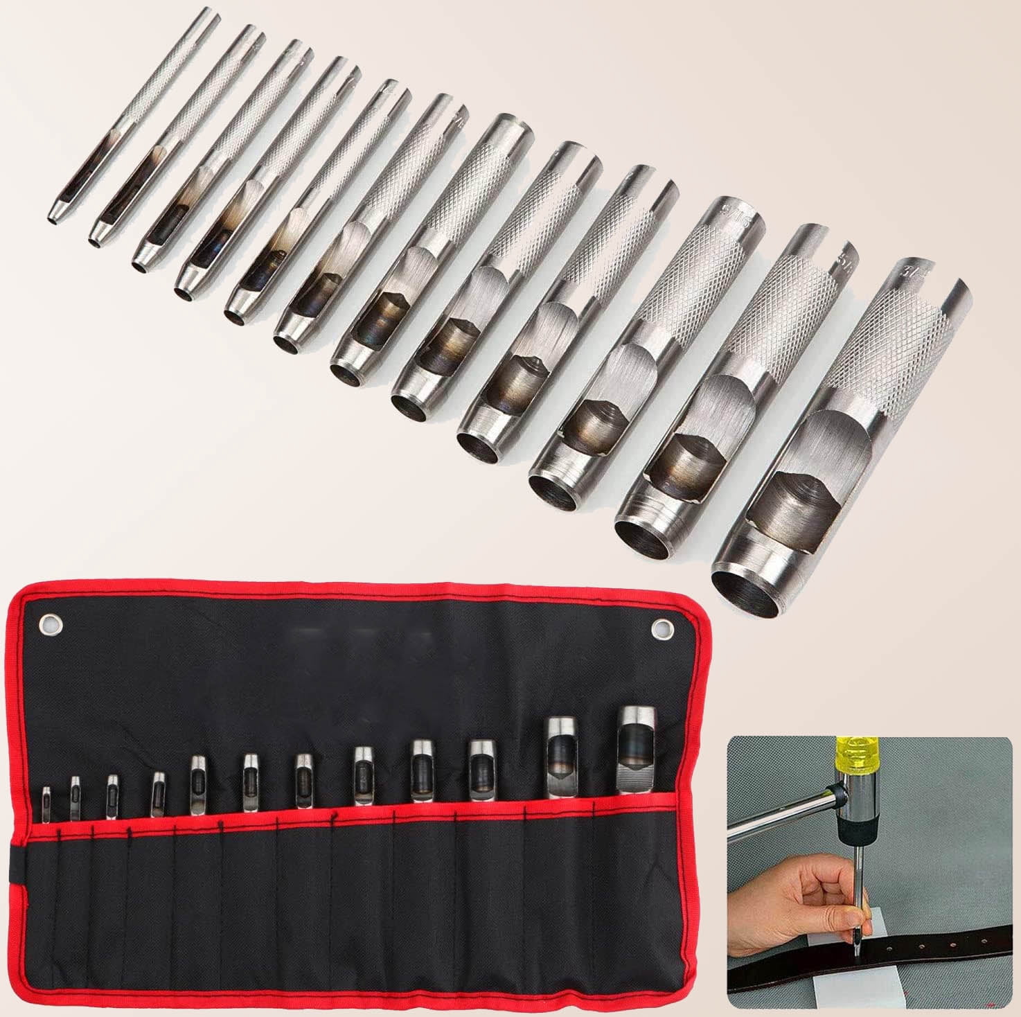 Steel Hollow Leather Punch Set Heavy Duty Round Hole Punch Tool for Watch Cloth Belt Gaskets with Storage Bag
