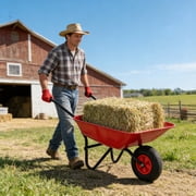 Steel Home Utility Yard Wheelbarrow Trolley with 12-Inch Pneumatic Wheel   Lightweight Garden Cart, 220 lb Load Capacity, Rust-Proof Polyethylene Tray
