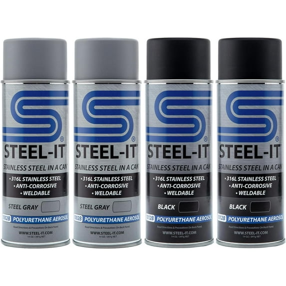 Steel-It Polyurethane Aerosol, Stainless Steel in a Can, Protects Against Corrosion, Industrial Paint Coatings, Weldable, Food Safe, Easy to Apply, (2 Cans Black & 2 Cans Steel Gray)