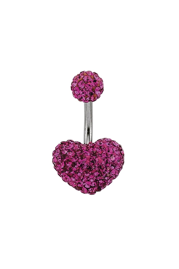 Steel Jewelco London Hot Pink Crystal Love Heart Disco Ball Banana Belly Bar
