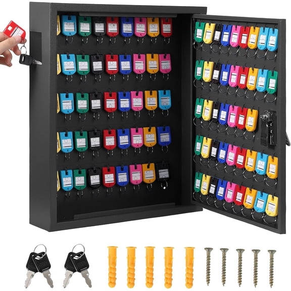 Steel Key Cabinet With Lock Wall Mounted Security Box With 88 Numbered Hooks Two Keys And Color Tags Black