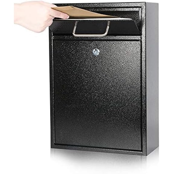 Steel Key Lock Mail Boxes Outdoor, Locking Wall Mount Mailbox, Security Lock Drop Box, Collection Boxes for Home, Office or Commercial,16.2H x 11.2L x 4.6W Inches, Black X Large