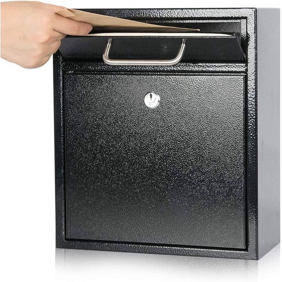 Steel Key Lock Mail Boxes for Outside, Locking Wall Mount Mailbox, Security Drop Box Home, Office or Commercial, 12H x 10.5L 4.6W Inches, Black Large