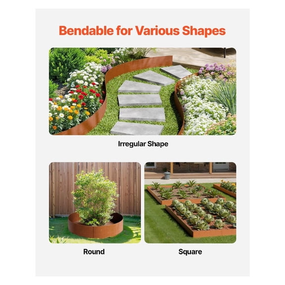 Steel Landscape Edging, 6 Packs 40 x 8 Inch Metal Garden Border, Rust-Resistant Lawn Edging with Shark Spike, Bendable Landscape Edging for Flower Beds, Yard and Pathway