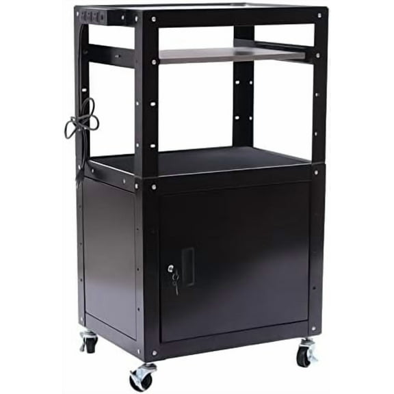 Steel Large AV Cart,Two-Tier Multifunctional Office Av Cart 2-In-1with Locking Cabinet and Pullout Laptop Tray 77lbs Capacity with a Power Strip with 3 Wire Jacks and 2 USB Jacks$$Office