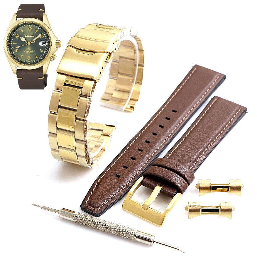 Steel & Leather Gold Tone Watch Band Strap For Seiko SPB210 6R3501H0