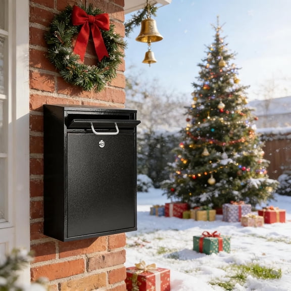 Steel Lock Mail Boxes Outdoor, Locking Wall Mount Mailbox, Security Lock Drop Box, Boxes for Home, Office or Commercial,16.2H x 11.2L x 4.6W Inches, Black X Large