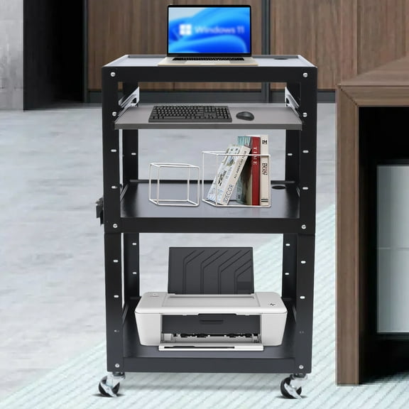 Steel Media Cart AV Cart With Keyboard Tray Mobile Cart Height Adjustable Shelf for Classroom, Office
