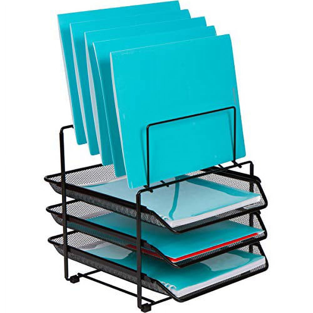DASHER PRODUCTS Mesh Desk Organizer and Storage, Office Organizer with 3 Sliding Letter Trays and 5 Vertical File Holders, Steel Mesh File Rack for Binders, Folders, and Clipboards. Letter Tray for Desk Organization