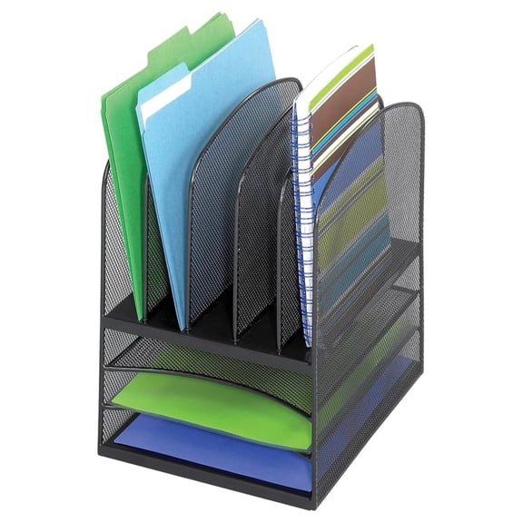Steel Mesh Desktop Organizer 5 Sections 3 Trays - Office File Sorter, Mail Holder for Home, Cubicle, Classroom - Onyx Black