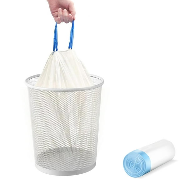Steel Mesh Round Trashcan with 15 Count Trash Bags Drawstring, Fits Under Desk, Wastebasket for Trash or Recycle in the Home, Office, Kitchen, Bathroom, or Garage, White, 4 Gallon