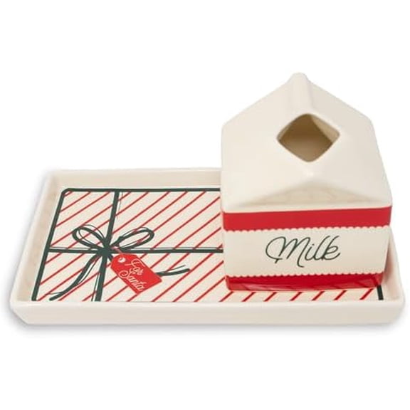 Steel Mill & Co Ceramic Milk & Cookies for Santa Set, 2-Piece Christmas Eve Tray & Milk Jug Gift Box Design, Holiday Tableware Set for Festive Christmas Dcor (Bow)$$Home Decor, Kitchen, & Other