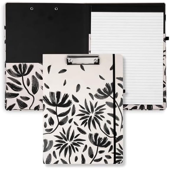 Steel Mill & Co Cute Clipboard Folio with Refillable Lined Notepad and Interior Storage Pocket, Padfolio for Work/Nursing/Teachers, Hand Drawn Black Floral