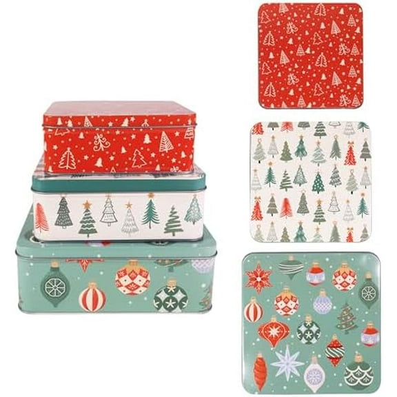 Steel Mill & Co Tin Containers with Lids, 3 Pack Christmas Cookie Tins, Festive Cookie Tins for Gift Giving & Holiday Treats, Square Metal Nesting Containers, Ornaments and Trees