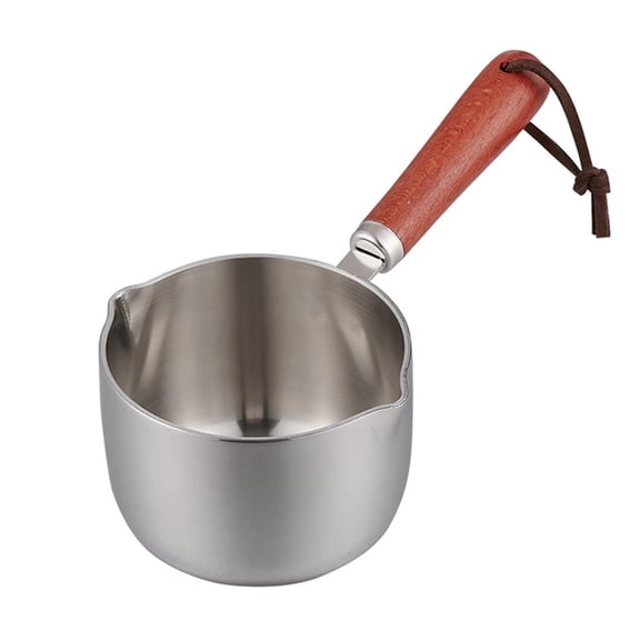 Steel Mini Milk Warmer Pot with Wooden Handle Double Spouts Small Saucepan for Butter Heating Milk Soup Cooking