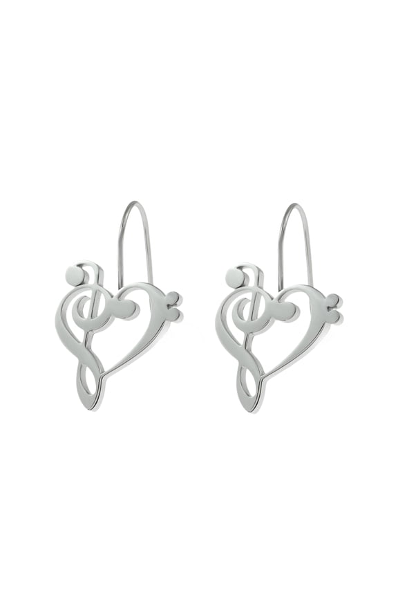 Steel Musical Heart Treble & Bass Clef Dangle Earrings - Music Lover Gift
