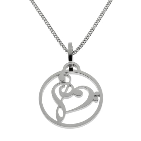 Steel Musical Heart Treble & Bass Clef Pendant Necklace - Music Lover Jewelry Gift