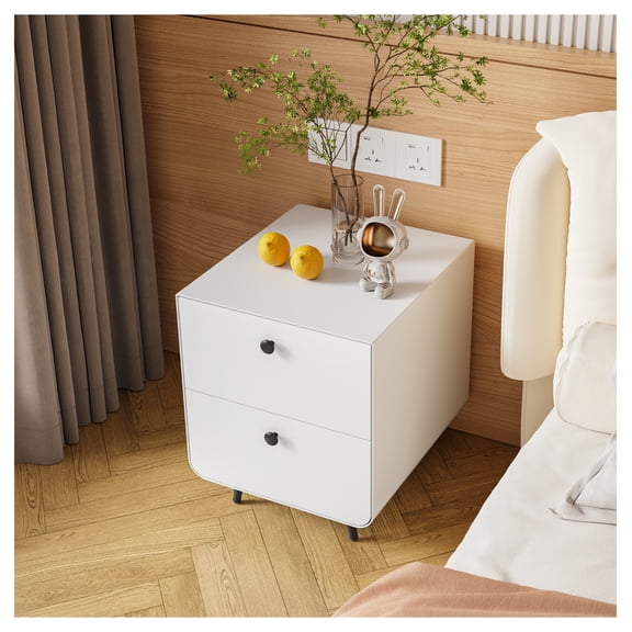 Steel Nightstand with 2 Drawers, Modern Bedside Cabinet for Bedroom & Living Room - White Finish, Adjustable Legs, Circular Handle