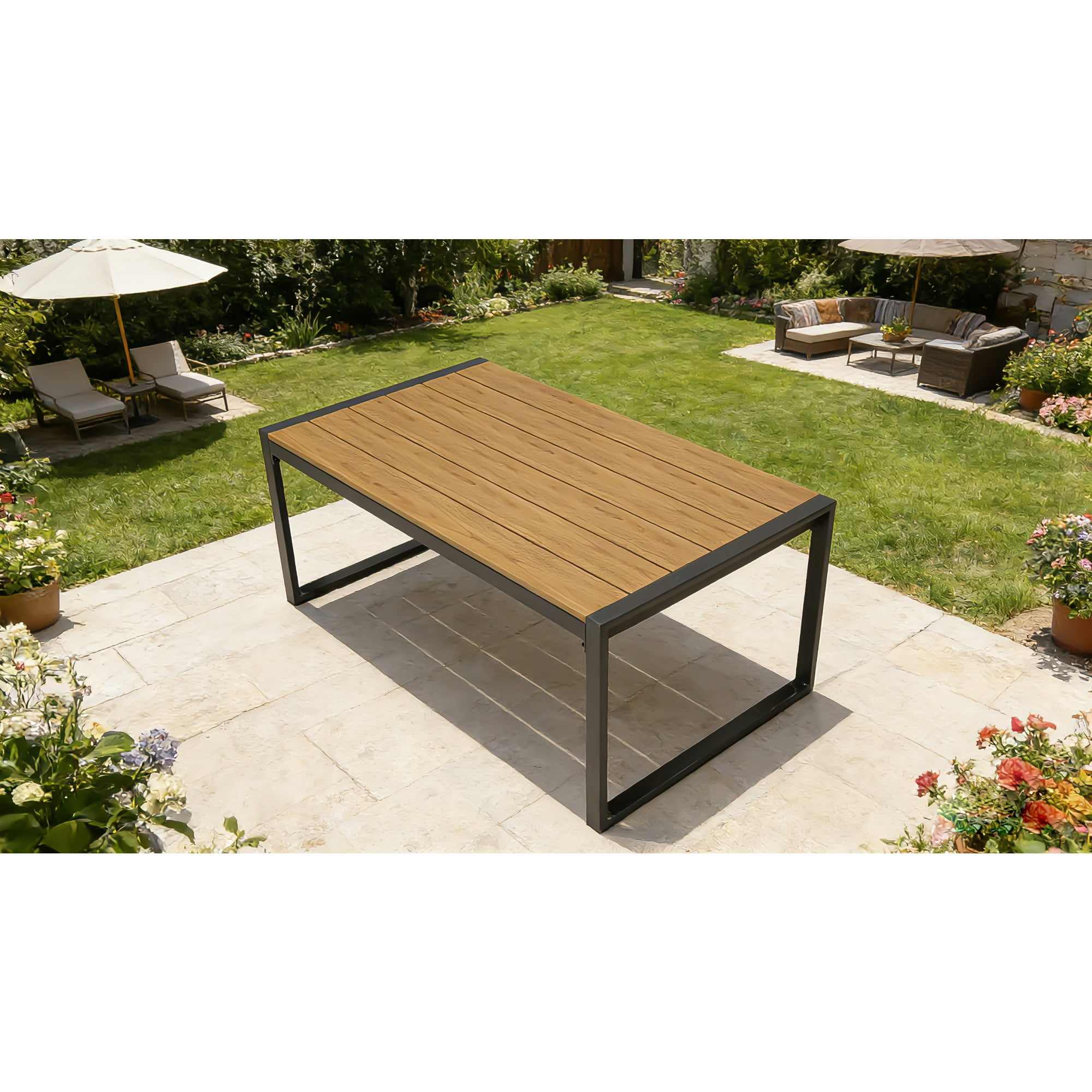 Steel Outdoor Patio Coffee Table with PS Wood-Like Tabletop, Modern Rectangle Accent Table and Deck Side Table for Porch, Earthy Yellow