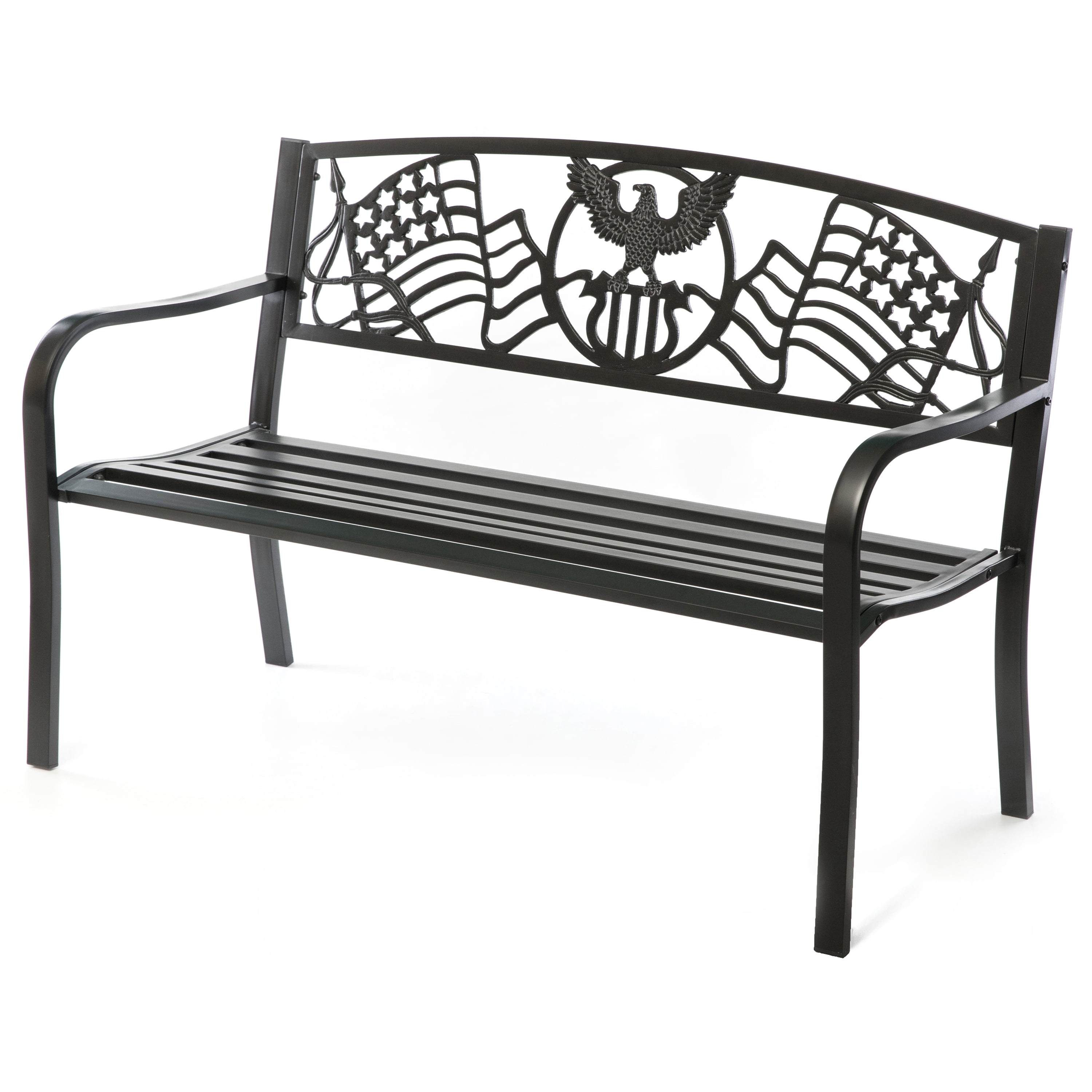 Black Steel Outdoor Patio Bench with Cast Iron American Flag Backrest