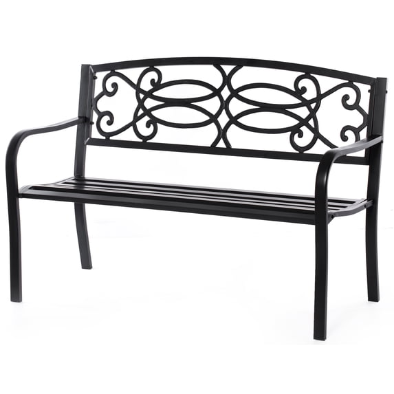 Steel Outdoor Patio Garden Park Seating Bench with Cast Iron Scrollwork Backrest, Front Porch Yard Bench Lawn Decor