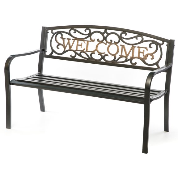 Steel Outdoor Patio Garden Park Bench with Cast Iron "Welcome" Backrest