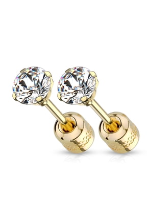 Surgical Steel Pair Prong Set CZ Gem Stud 3mm Earrings w/ Gem Centered Screw Back Gold (Choose Color)