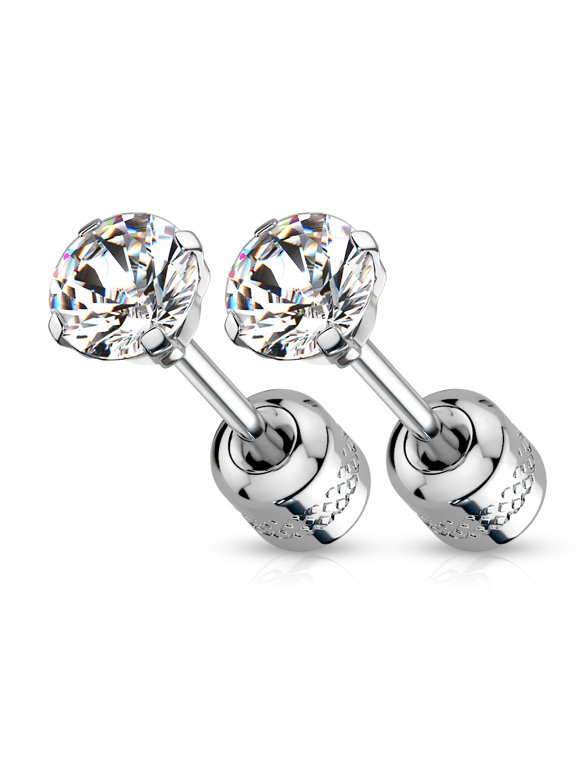 Surgical Steel Pair Prong Set CZ Gem Stud 3mm Earrings w/ Gem Centered Screw Back Silver (Choose Color)