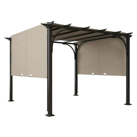 Steel Patio Pergola 10x10 with Retractable Canopy - Beige Outdoor Shade Structure
