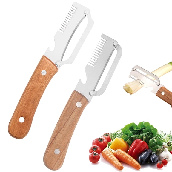 Steel Peeler, Stainless Peeler, Elite Peeler and Shredder, Multifunctional Vegetable Peeler with Wooden Handle, 2-Pack Different Colored 3-In-1 Onion Slicing, Ultra-Sharp