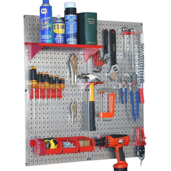 Steel Pegboard Utility Tool Storage Kit - Galvanized Steel Pegboard & Red Accessories