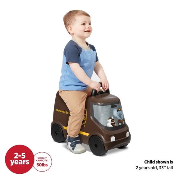 Steel & Plastic Pedal Toy UPS Delivery Truck Ride-On for Ages 2+, Holds 50 lbs, With 3 Mini Boxes & 3 Wooden Cars