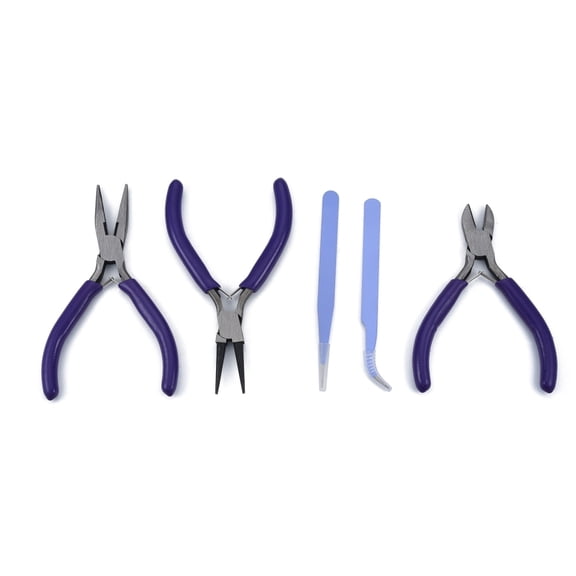 Steel Pliers & Tweezers set with Plastic Handles including Side Cutter Pliers Round Nose Plier Needle Nose Wire Cutter Plier Straight