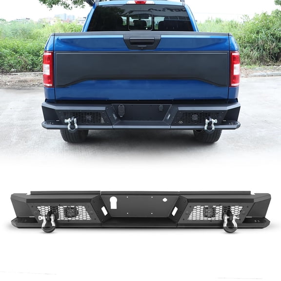 Steel Rear Bumper Fits for Ford F-150 (EXCLUDE RAPTOR) 2015-2026, Heavy Duty Bumper with Stepped Platform and a Set of 4" Pod Lights, Modular 3-piece Design Full Width Rear Bumper
