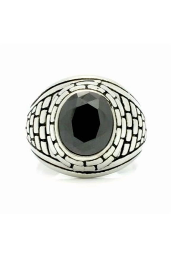 Steel Ring with Simulated Black Stone