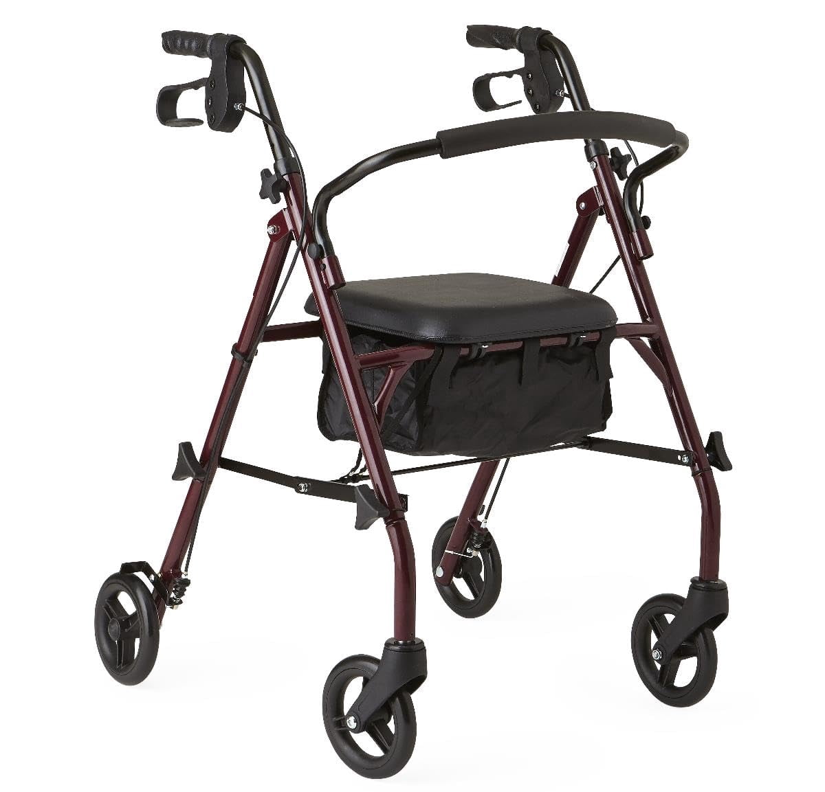 Medline Steel Rollator Walker With Padded Seat - Burgundy, 350 Lb Capacity, 6" Wheels, Foldable & Height Adjustable