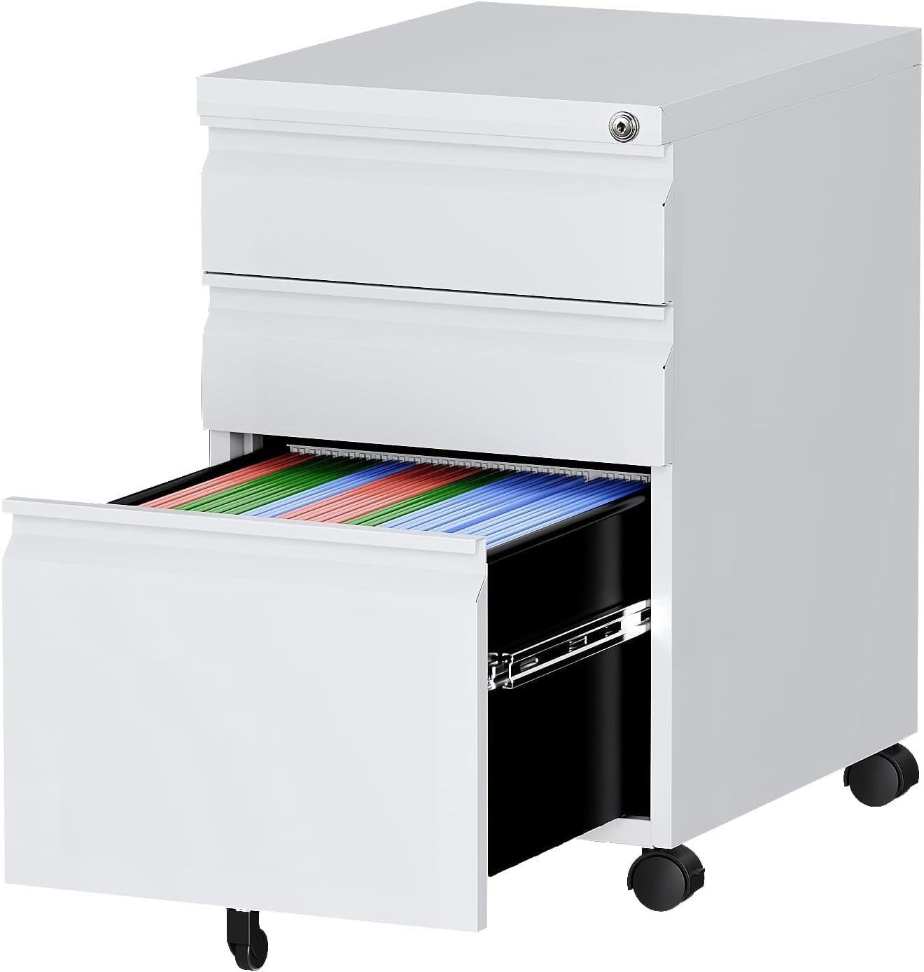 Steel Rolling File Cabinet 3 Drawers with Lock, Compact Under Desk Storage for Home Office, Fits A4 Legal Letter Folders, White