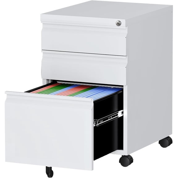 Steel Rolling File Cabinet 3 Drawers with Lock, Compact Under Desk Storage for Home Office, Fits A4 Legal Letter Folders, White
