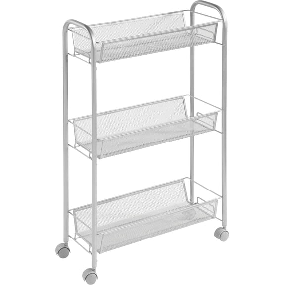 Steel Rolling Utility Cart Storage Organizer Trolley with 3 Basket Shelves for Laundry Room, Mudroom, Garage, Bathroom Organization - Holds Detergents, Hand Soap - Biro Collection, Silver