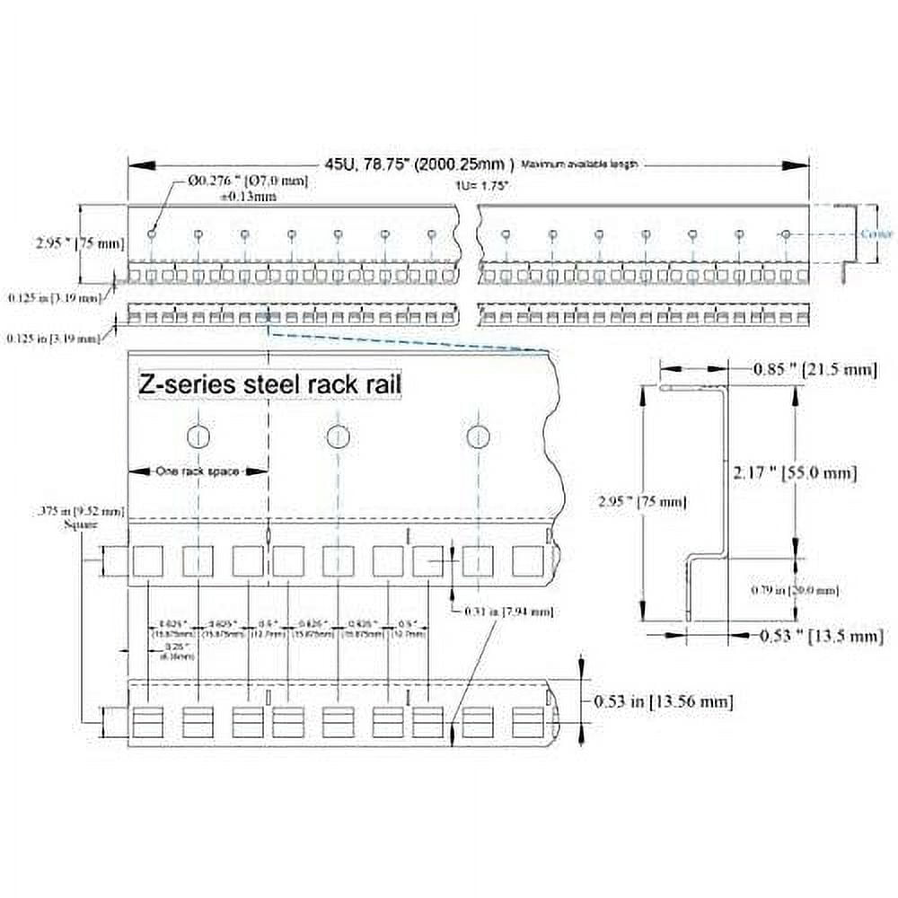 Steel Server Rack Rail With 3/8" Square Holes, 2U45U (36U)