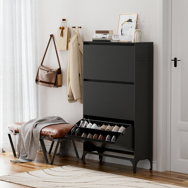 Rophefx Alloy Steel Shoe 3Drawer, Closed Flip, Large Capacity for Entryway, Black