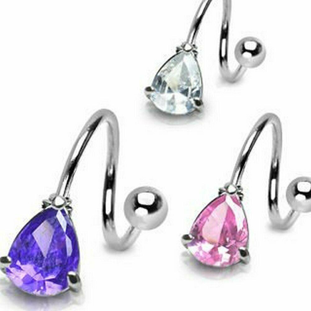 Steel Spiral Belly Ring w/ Prong Set Tear Drop Gem