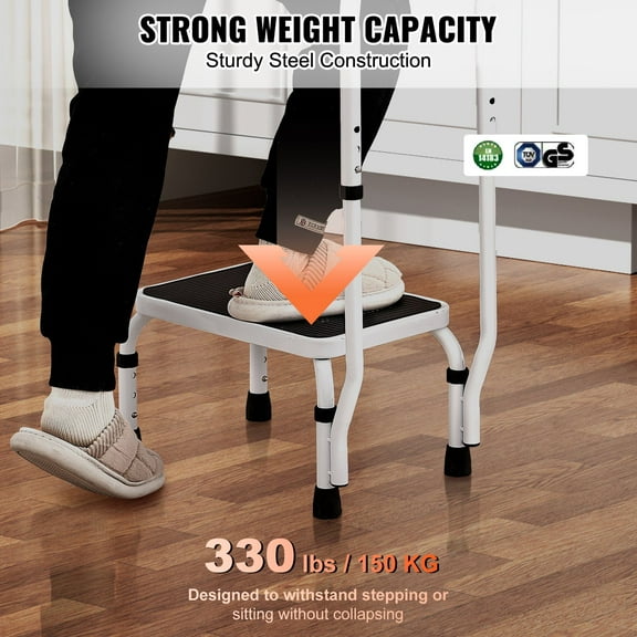 Steel Step Stool 1-Step with Handle, Non-Slip Sturdy Ladder, 330lbs Capacity for Toddlers, Adults, Pets, Office & RVs Adjustable Height